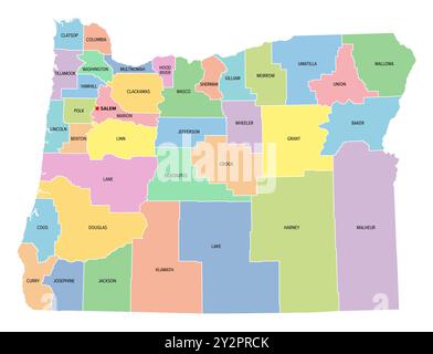 Oregon, stato degli Stati Uniti, suddiviso in 36 contee, mappa politica multicolore con la capitale Salem, confini e nomi di contea. Foto Stock