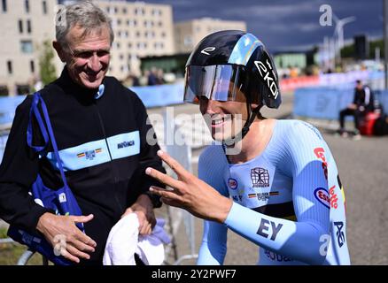 Hasselt, Belgio. 11 settembre 2024. La cronometro U23 uomini al Campionato europeo 2024, a Hasselt, mercoledì 11 settembre 2024. I Campionati europei di ciclismo su strada 2024 si svolgeranno dall'11 al 15 settembre a Limburgo, in Belgio. BELGA FOTO DIRK WAEM credito: Belga News Agency/Alamy Live News Foto Stock