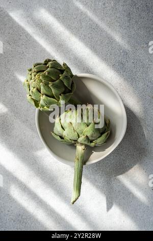 Questa immagine cattura due carciofi verdi appoggiati su un piatto bianco, bagnati dalla luce naturale del sole con ombre distintive sparse su una superficie ruvida Foto Stock