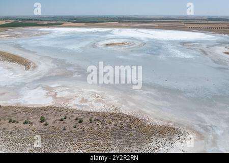 Ripresa aerea che raffigura il vasto paesaggio di estrazione del sale a Quero, Toledo, Spagna, mostrando grandi laghetti di evaporazione con varie sfumature di bianco e. Foto Stock