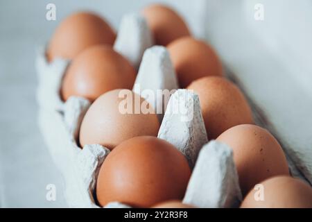Immagine ravvicinata di un cartone di uova marroni fresche su un morbido sfondo bianco, evidenziandone il colore e la consistenza naturali. Foto Stock