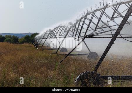 Un sistema di irrigazione meccanizzato consente di innaffiare efficacemente le colture di mais sullo sfondo di un cielo limpido a Castilla la Mancha, Spagna Foto Stock