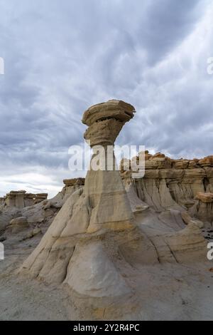 Spettacolari formazioni rocciose conosciute come hoodoos sotto un cielo nuvoloso a Ah-Shi-SLE-Pah Wilderness, New Mexico, che mostrano la dura bellezza dei calanchi. Foto Stock