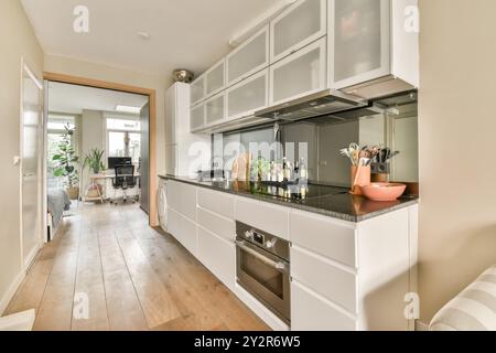 Cucina moderna ed elegante con armadi bianchi e ripiani neri, pavimenti in legno e luce naturale. Foto Stock