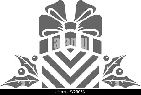 Illustrazione vettoriale di una scatola regalo a righe con scatola raffigurata vicino a foglie e bacche di agrifoglio come simbolo del giorno di Natale Illustrazione Vettoriale