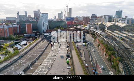 Aerial Manchester Piccadilly Railway station e l'originale Mayfield station sulla sinistra Foto Stock