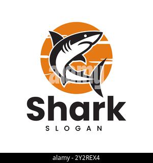 Immagine Vector vintage con silhouette retrò e logo SHARK sull'icona di sfondo del sole Illustrazione Vettoriale