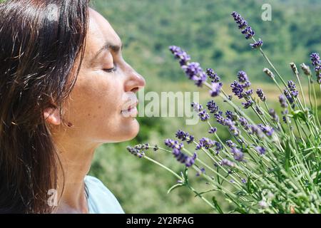 La donna inala l'aroma che fiorisce i fiori di lavanda profumati. Metodi naturali di trattamento a base di erbe. Medicina alternativa. Olio essenziale di lavanda. Aromathe Foto Stock