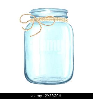 Bicchiere vuoto con coperchio e corda attorcigliata a prua. Recipiente trasparente per liquido o cereali. Illustrazione ad acquerello disegnata a mano isolata. Utensile per Foto Stock