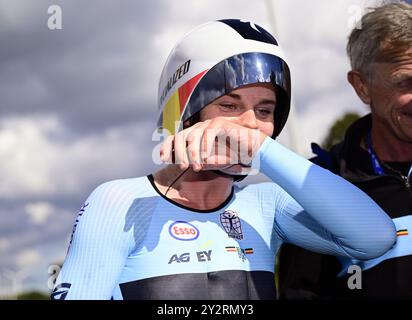 Hasselt, Belgio. 11 settembre 2024. Il belga lotte Kopecky reagisce dopo il cronometro Elite Women al Campionato europeo 2024, a Hasselt, mercoledì 11 settembre 2024. I Campionati europei di ciclismo su strada 2024 si svolgeranno dall'11 al 15 settembre a Limburgo, in Belgio. BELGA FOTO DIRK WAEM credito: Belga News Agency/Alamy Live News Foto Stock