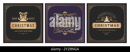 Tre biglietti per le vacanze dal design accattivante presentano eleganti grafiche con scritte dorate. Trasmettono un caloroso augurio per Natale e Capodanno, perfec Illustrazione Vettoriale