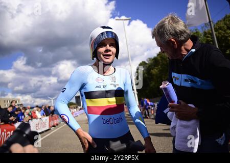 Hasselt, Belgio. 11 settembre 2024. Il belga lotte Kopecky reagisce dopo il cronometro Elite Women al Campionato europeo 2024, a Hasselt, mercoledì 11 settembre 2024. I Campionati europei di ciclismo su strada 2024 si svolgeranno dall'11 al 15 settembre a Limburgo, in Belgio. BELGA FOTO DIRK WAEM credito: Belga News Agency/Alamy Live News Foto Stock