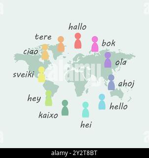 Lingue e mappa del mondo, ciao a parole in diverse lingue madre parlate in tutto il mondo, business multilingue e comunità Foto Stock