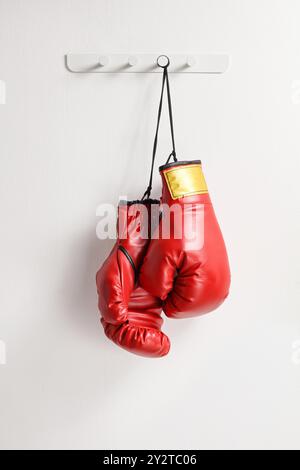 Un paio di guanti da boxe rossi appesi a una parete Foto Stock