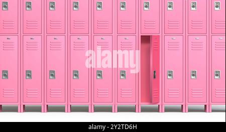 Fila di armadietti scolastici vuoti aperti di colore rosa su sfondo bianco 3d. Foto Stock