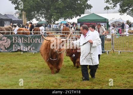 Il bestiame delle Highland giudica al Moreton in Marsh Show del 2024, Gloucestershire Foto Stock