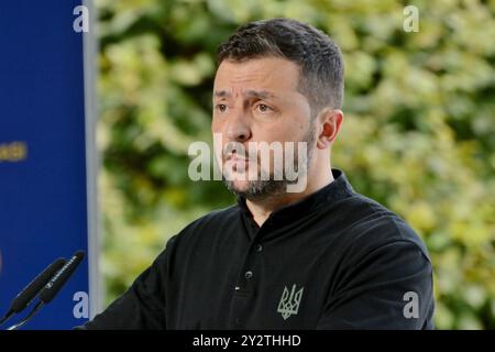 Kiev, Ucraina. 11 settembre 2024. Il presidente dell'Ucraina Volodymyr Zelenskyi parla durante il briefing al 4 ° vertice della piattaforma di Crimea l'11 settembre 2024 a Kiev, Ucraina. Credito: SOPA Images Limited/Alamy Live News Foto Stock