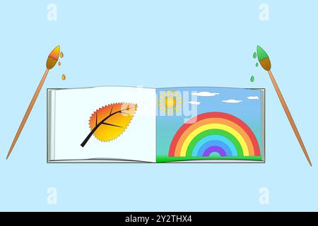 Illustrazione di un album aperto con una foglia colorata e un arcobaleno. I pennelli gocciolano colori vivaci, simboleggiando la creatività e la preparazione del ritorno a scuola Illustrazione Vettoriale