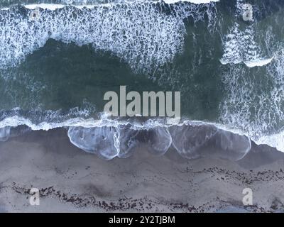 Vista aerea delle onde dell'oceano che si infrangono su una spiaggia sabbiosa con alghe sparsi lungo la riva. Foto Stock