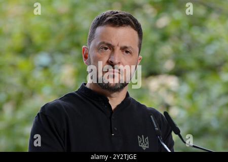 Kiev, Ucraina. 11 settembre 2024. Il presidente dell'Ucraina Volodymyr Zelenskyi parla durante il briefing al 4 ° vertice della piattaforma di Crimea l'11 settembre 2024 a Kiev, Ucraina. (Foto di Aleksandr Gusev/SOPA Images/Sipa USA) credito: SIPA USA/Alamy Live News Foto Stock