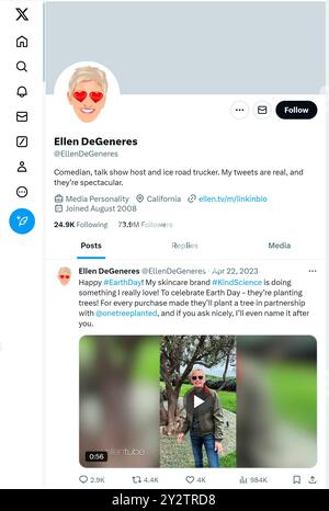 'X' - precedentemente Twitter - pagina (settembre 2024) di Ellen DeGeneres Foto Stock