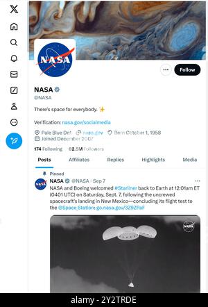 'X' - precedentemente Twitter - pagina (settembre 2024) della NASA Foto Stock