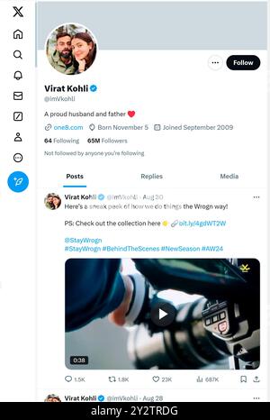 "X" - precedentemente Twitter - pagina (settembre 2024) di Virat Kohli - cricketer Foto Stock