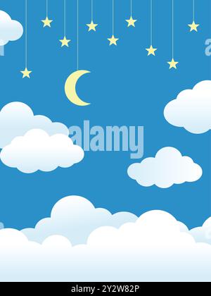 Night Sky Clouds Stars Moon on String. Sfondo blu con nuvole. Inserire il testo. Illustrazione Vettoriale