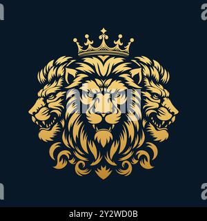 tre re di leone d'oro isolati su un vettore di sfondo nero Illustrazione Vettoriale