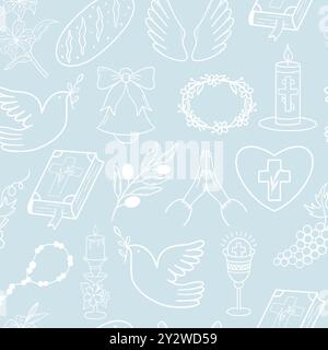 Modello di prima Comunione senza soluzione di continuità con simboli religiosi. Perfetto per sfondi, imballaggi o disegni di tessuti legati a occasioni spirituali. Illustrazione Vettoriale