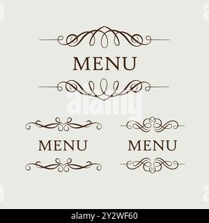 Divisori calligrafici disegnati a mano. Divisore decorativo a spirale per il design di biglietti d'auguri di matrimonio, bordi decorati vintage e filigrana fiorente gr Illustrazione Vettoriale