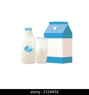 confezione del latte, bicchiere e bottiglia di latte, stile piatto. Illustrazione vettoriale isolata su sfondo bianco Illustrazione Vettoriale
