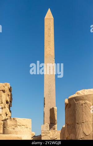 L'obelisco di Thutmose i è un imponente monumento in granito che si erge con orgoglio nel cortile del tempio di Karnak a Luxor (Egitto). Foto Stock