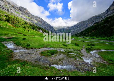 Torrenti di montagna in primavera nella valle verde erbosa nella parte alta del canyon di Ordesa Foto Stock