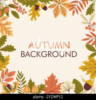 Un colorato sfondo autunnale con cornice a foglie. Illustrazione Vettoriale