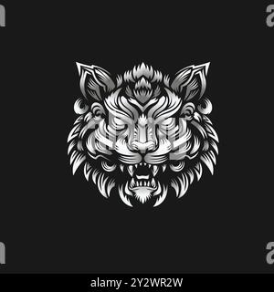Illustrazione vettoriale ruggente della testa di tigre in bianco e nero , grafica vettoriale decorativa della tigre arrabbiata[ Illustrazione Vettoriale