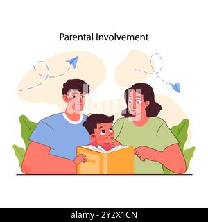 Pedagogia. Educazione e istruzione dei bambini con il coinvolgimento dei genitori. I bambini delle scuole primarie acquisiscono conoscenze e competenze, un approccio moderno all'insegnamento. Illustrazione vettoriale piatta Illustrazione Vettoriale