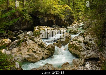 Fiume Ramsauer Ache nella foresta magica vicino a Ramsau in Baviera Foto Stock