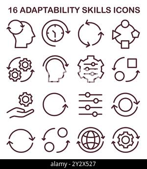 Set di icone delle abilità di adattabilità. Risposta rapida ai cambiamenti e all'adeguamento e al miglioramento delle prestazioni. Sviluppo, trasformazione, adattamento delle impostazioni. Illustrazione vettoriale piatta Illustrazione Vettoriale