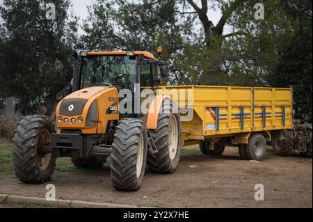 Vista frontale di un grande trattore giallo Renault Celtis 456 RX con rimorchio di grandi dimensioni Foto Stock
