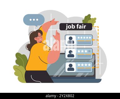 Offerta di lavoro online. Piattaforma online per l'assunzione o la ricerca di un lavoro. Agenzia di reclutamento. Donna seleziona il curriculum di un potenziale emloyee o datore di lavoro. Illustrazione vettoriale piatta Illustrazione Vettoriale