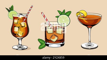 Imposta diversi tipi di bevande in bicchieri diversi Illustrazione Vettoriale