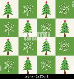 Albero di Natale a scacchi e fiocchi di neve su scacchiere bianche e verdi motivo senza cuciture. Per carta da regalo, biglietti d'auguri e tessuti natalizi. Illustrazione Vettoriale