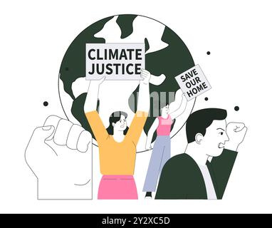 Protesta. Le persone in manifestazione attirano l'attenzione sul cambiamento climatico. Protestare contro i personaggi con poster per la conservazione della natura. Campagna di sostenibilità globale. Illustrazione vettoriale piatta Illustrazione Vettoriale