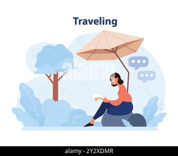 Nomade digitale. Freelance che lavora in remoto sul notebook in tutto il mondo dalle vacanze. Orari flessibili, esternalizzazione della tecnologia e turismo del lavoro. Illustrazione vettoriale piatta Illustrazione Vettoriale