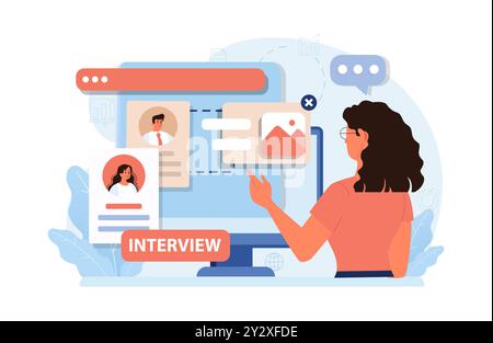 Offerta di lavoro online. Piattaforma online per l'assunzione o la ricerca di un lavoro. Agenzia di reclutamento. Donna seleziona il curriculum di un potenziale emloyee o datore di lavoro. Illustrazione vettoriale piatta Illustrazione Vettoriale