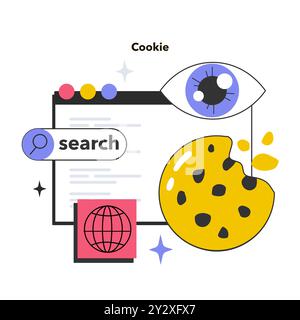 Tecnologia dei cookie. Monitoraggio della sessione del browser Web. Accesso al computer dell'utente e alle informazioni riservate. Miglioramento dell'identificazione del dispositivo e dell'esperienza di navigazione sul Web. Illustrazione vettoriale piatta Illustrazione Vettoriale