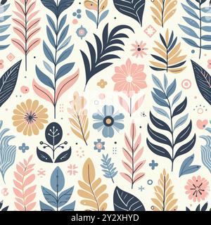 Motivo floreale pastello con foglie e fiori Illustrazione Vettoriale