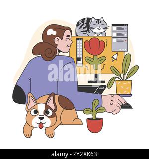 Carattere con i suoi animali domestici. Donna felice, gattino e cucciolo passano del tempo insieme. Amicizia tra animali e proprietario. Scena carina. Illustrazione vettoriale piatta Illustrazione Vettoriale