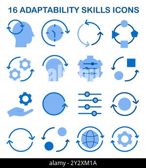 Set di icone delle abilità di adattabilità. Risposta rapida ai cambiamenti e all'adeguamento e al miglioramento delle prestazioni. Sviluppo, trasformazione, adattamento delle impostazioni. Illustrazione vettoriale piatta Illustrazione Vettoriale